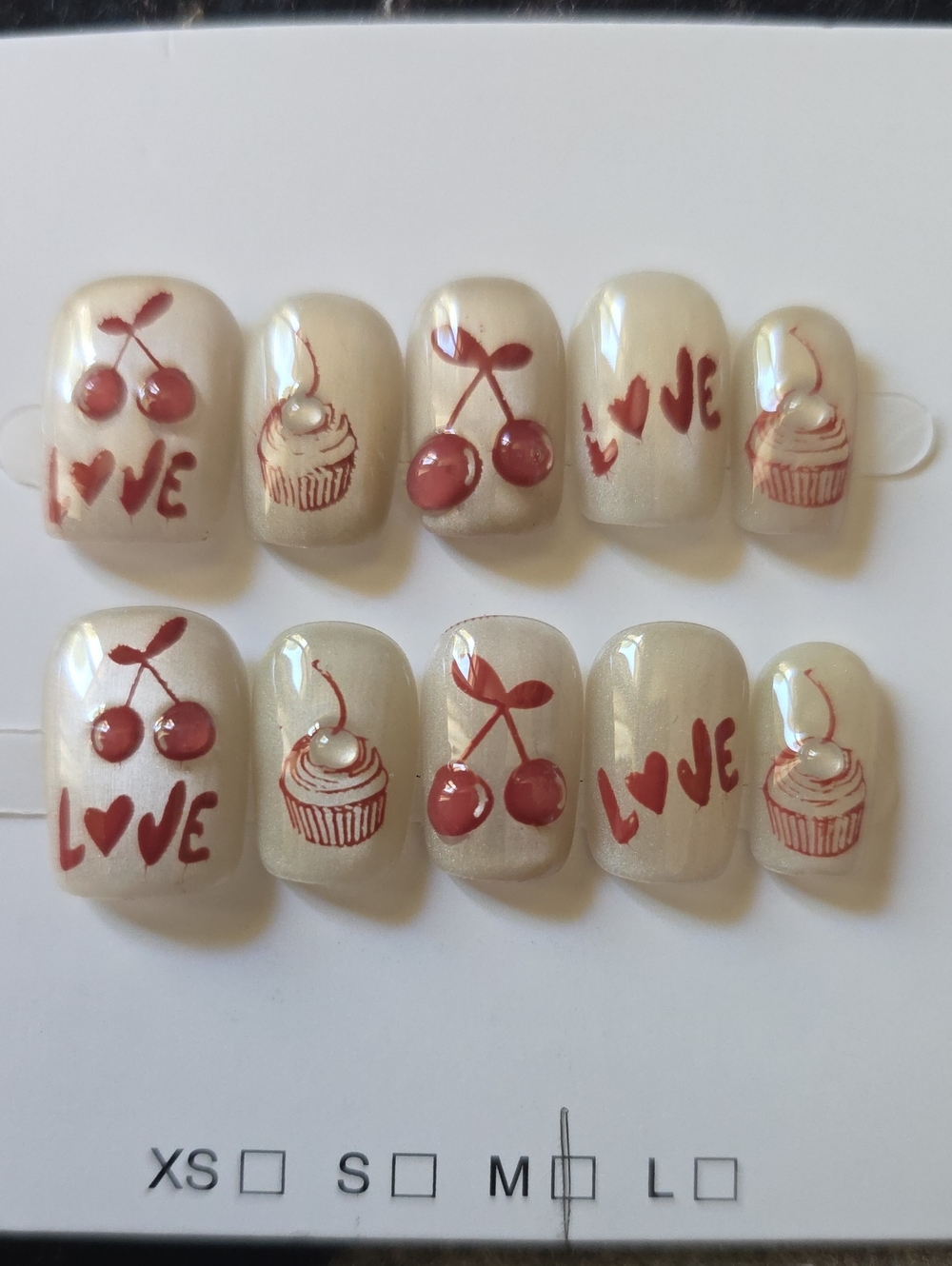 Cream Press-On Nails with Red Cherry & Cupcake Love Design Size Med